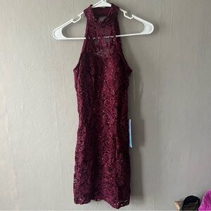 Speechless Maroon Sequin Lace Halter Neck Bodycon Dress Size 1 NWT